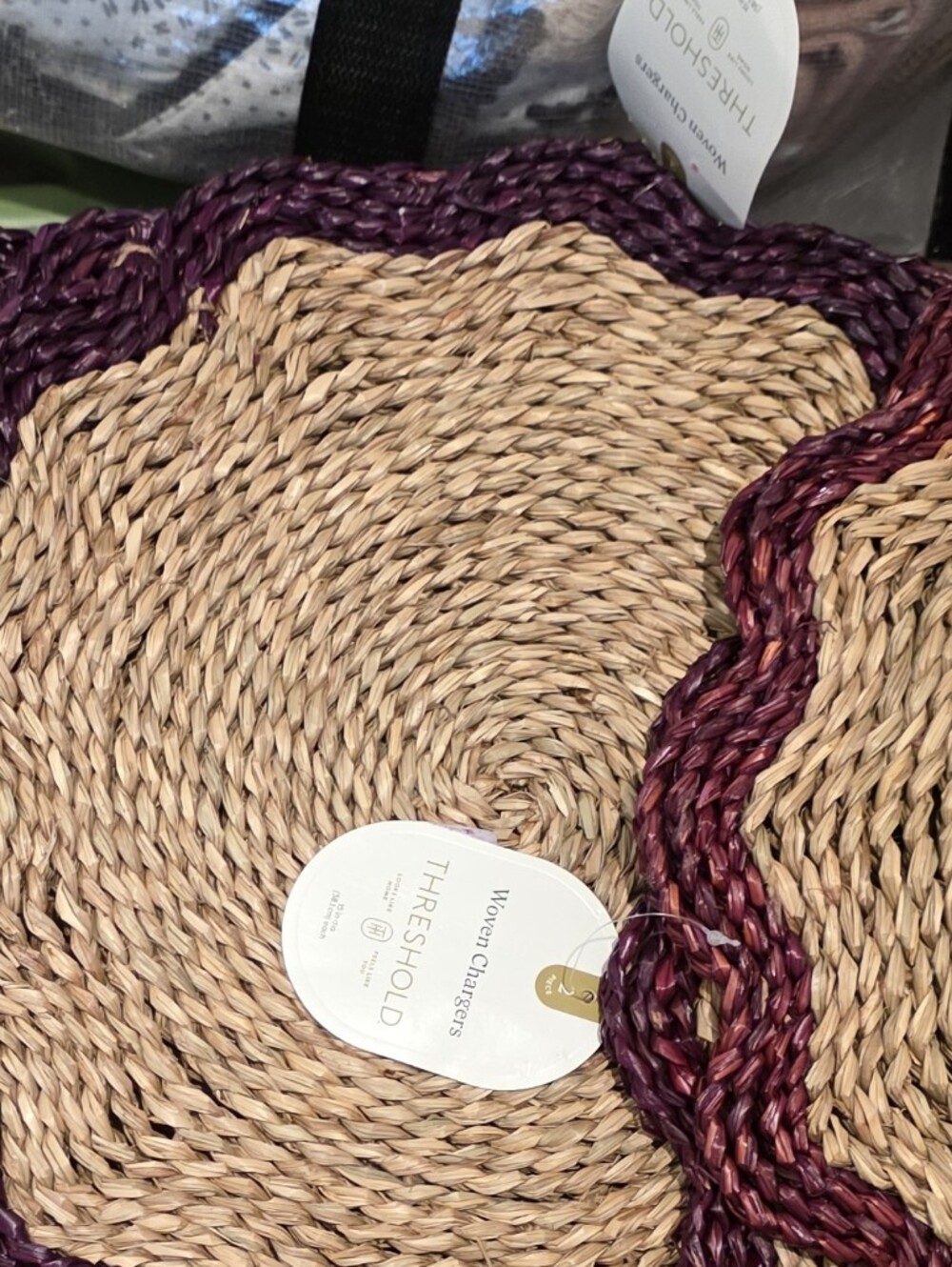 Threshold Natural Straw Placemats with Purple Scalloped Trim - Set of 8